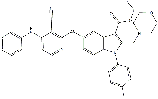 ethyl 5-[(4-anilino-3-cyanopyridin-2-yl)oxy]-1-(4-methylphenyl)-2-(morpholin-4-ylmethyl)-1H-indole-3-carboxylate Struktur