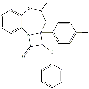 4-methyl-2a-(4-methylphenyl)-2-phenoxy-2,2a,3,4-tetrahydro-1H-azeto[2,1-d][1,5]benzothiazepin-1-one Struktur