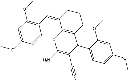 2-amino-8-(2,4-dimethoxybenzylidene)-4-(2,4-dimethoxyphenyl)-5,6,7,8-tetrahydro-4H-chromene-3-carbonitrile Struktur