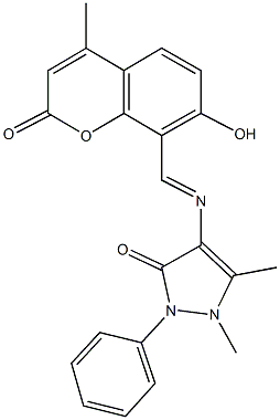 4-{[(7-hydroxy-4-methyl-2-oxo-2H-chromen-8-yl)methylene]amino}-1,5-dimethyl-2-phenyl-1,2-dihydro-3H-pyrazol-3-one Struktur