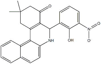 5-{2-hydroxy-3-nitrophenyl}-2,2-dimethyl-2,3,5,6-tetrahydrobenzo[a]phenanthridin-4(1H)-one Struktur