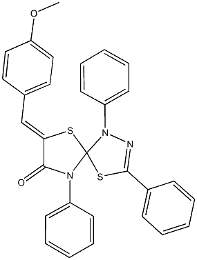 7-(4-methoxybenzylidene)-1,3,9-triphenyl-4,6-dithia-1,2,9-triazaspiro[4.4]non-2-en-8-one Struktur