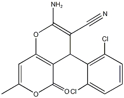 2-amino-4-(2,6-dichlorophenyl)-7-methyl-5-oxo-4H,5H-pyrano[4,3-b]pyran-3-carbonitrile Struktur