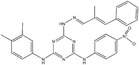 2-methyl-3-phenylacrylaldehyde (4-(3,4-dimethylanilino)-6-{4-nitroanilino}-1,3,5-triazin-2-yl)hydrazone Struktur