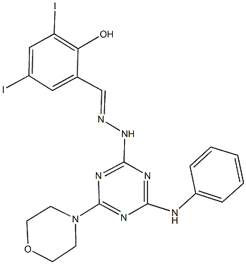 2-hydroxy-3,5-diiodobenzaldehyde [4-anilino-6-(4-morpholinyl)-1,3,5-triazin-2-yl]hydrazone Struktur