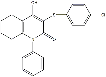 3-[(4-chlorophenyl)sulfanyl]-4-hydroxy-1-phenyl-5,6,7,8-tetrahydro-2(1H)-quinolinone Struktur