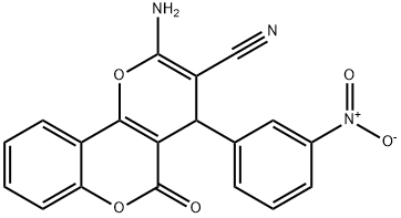 2-amino-4-{3-nitrophenyl}-5-oxo-4H,5H-pyrano[3,2-c]chromene-3-carbonitrile Struktur