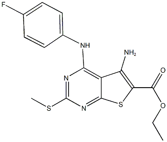 ethyl 5-amino-4-(4-fluoroanilino)-2-(methylsulfanyl)thieno[2,3-d]pyrimidine-6-carboxylate Struktur