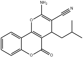 2-amino-4-isobutyl-5-oxo-4H,5H-pyrano[3,2-c]chromene-3-carbonitrile Struktur