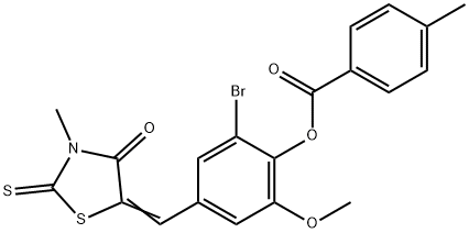 2-bromo-6-methoxy-4-[(3-methyl-4-oxo-2-thioxo-1,3-thiazolidin-5-ylidene)methyl]phenyl 4-methylbenzoate Struktur