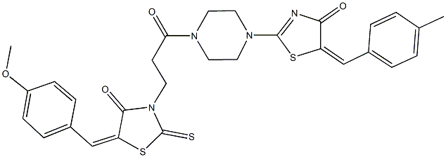 2-(4-{3-[5-(4-methoxybenzylidene)-4-oxo-2-thioxo-1,3-thiazolidin-3-yl]propanoyl}-1-piperazinyl)-5-(4-methylbenzylidene)-1,3-thiazol-4(5H)-one Struktur