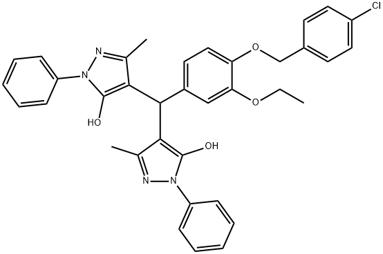 4-[{4-[(4-chlorobenzyl)oxy]-3-ethoxyphenyl}(5-hydroxy-3-methyl-1-phenyl-1H-pyrazol-4-yl)methyl]-3-methyl-1-phenyl-1H-pyrazol-5-ol Struktur