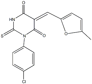 1-(4-chlorophenyl)-5-[(5-methyl-2-furyl)methylene]-2-thioxodihydro-4,6(1H,5H)-pyrimidinedione Struktur