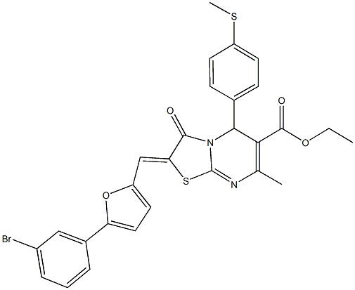 ethyl 2-{[5-(3-bromophenyl)-2-furyl]methylene}-7-methyl-5-[4-(methylsulfanyl)phenyl]-3-oxo-2,3-dihydro-5H-[1,3]thiazolo[3,2-a]pyrimidine-6-carboxylate Struktur