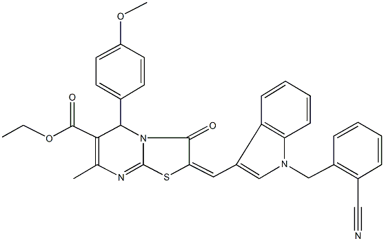 ethyl 2-{[1-(2-cyanobenzyl)-1H-indol-3-yl]methylene}-5-(4-methoxyphenyl)-7-methyl-3-oxo-2,3-dihydro-5H-[1,3]thiazolo[3,2-a]pyrimidine-6-carboxylate Struktur