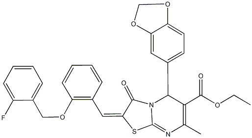 ethyl 5-(1,3-benzodioxol-5-yl)-2-{2-[(2-fluorobenzyl)oxy]benzylidene}-7-methyl-3-oxo-2,3-dihydro-5H-[1,3]thiazolo[3,2-a]pyrimidine-6-carboxylate Struktur