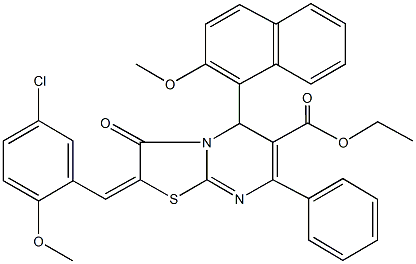 ethyl 2-(5-chloro-2-methoxybenzylidene)-5-(2-methoxy-1-naphthyl)-3-oxo-7-phenyl-2,3-dihydro-5H-[1,3]thiazolo[3,2-a]pyrimidine-6-carboxylate Struktur