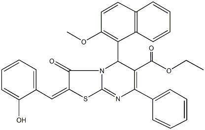 ethyl 2-(2-hydroxybenzylidene)-5-(2-methoxy-1-naphthyl)-3-oxo-7-phenyl-2,3-dihydro-5H-[1,3]thiazolo[3,2-a]pyrimidine-6-carboxylate Struktur