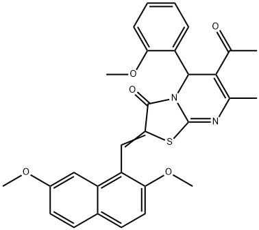 6-acetyl-2-[(2,7-dimethoxy-1-naphthyl)methylene]-5-(2-methoxyphenyl)-7-methyl-5H-[1,3]thiazolo[3,2-a]pyrimidin-3(2H)-one Struktur