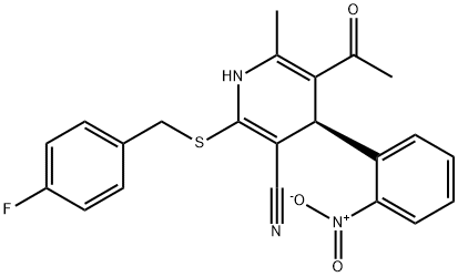 5-acetyl-2-[(4-fluorobenzyl)sulfanyl]-4-{2-nitrophenyl}-6-methyl-1,4-dihydro-3-pyridinecarbonitrile Struktur