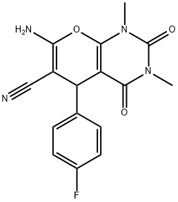 7-amino-5-(4-fluorophenyl)-1,3-dimethyl-2,4-dioxo-1,3,4,5-tetrahydro-2H-pyrano[2,3-d]pyrimidine-6-carbonitrile Struktur