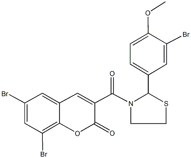 6,8-dibromo-3-{[2-(3-bromo-4-methoxyphenyl)-1,3-thiazolidin-3-yl]carbonyl}-2H-chromen-2-one Struktur