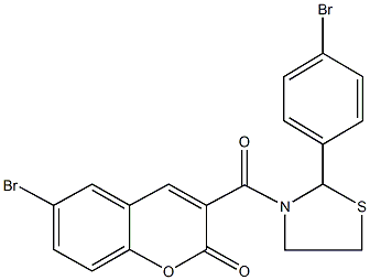 6-bromo-3-{[2-(4-bromophenyl)-1,3-thiazolidin-3-yl]carbonyl}-2H-chromen-2-one Struktur