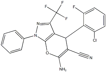 6-amino-4-(2-chloro-6-fluorophenyl)-1-phenyl-3-(trifluoromethyl)-1,4-dihydropyrano[2,3-c]pyrazole-5-carbonitrile Struktur