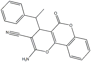 2-amino-5-oxo-4-(1-phenylethyl)-4H,5H-pyrano[3,2-c]chromene-3-carbonitrile Struktur