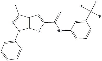 3-methyl-1-phenyl-N-[3-(trifluoromethyl)phenyl]-1H-thieno[2,3-c]pyrazole-5-carboxamide Struktur