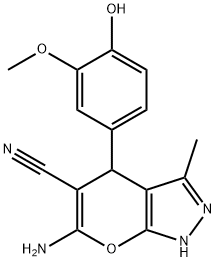 6-amino-4-(4-hydroxy-3-methoxyphenyl)-3-methyl-1,4-dihydropyrano[2,3-c]pyrazole-5-carbonitrile Struktur