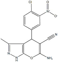 6-amino-4-{4-chloro-3-nitrophenyl}-3-methyl-1,4-dihydropyrano[2,3-c]pyrazole-5-carbonitrile Struktur