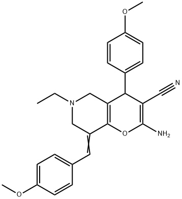 2-amino-6-ethyl-8-(4-methoxybenzylidene)-4-(4-methoxyphenyl)-5,6,7,8-tetrahydro-4H-pyrano[3,2-c]pyridine-3-carbonitrile Struktur