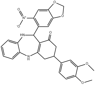 3-(3,4-dimethoxyphenyl)-11-{6-nitro-1,3-benzodioxol-5-yl}-2,3,4,5,10,11-hexahydro-1H-dibenzo[b,e][1,4]diazepin-1-one Struktur