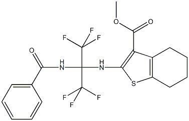 methyl 2-{[1-(benzoylamino)-2,2,2-trifluoro-1-(trifluoromethyl)ethyl]amino}-4,5,6,7-tetrahydro-1-benzothiophene-3-carboxylate Struktur