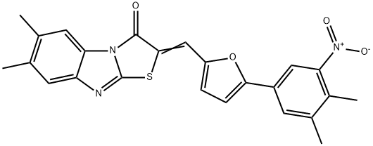 2-[(5-{3-nitro-4,5-dimethylphenyl}-2-furyl)methylene]-6,7-dimethyl[1,3]thiazolo[3,2-a]benzimidazol-3(2H)-one Struktur