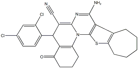 8-amino-5-(2,4-dichlorophenyl)-4-oxo-1,3,4,5,10,11,12,13-octahydro-2H,9H-cyclohepta[4',5']thieno[3',2':5,6]pyrimido[1,2-a]quinoline-6-carbonitrile Struktur