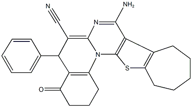 8-amino-4-oxo-5-phenyl-1,3,4,5,10,11,12,13-octahydro-2H,9H-cyclohepta[4',5']thieno[3',2':5,6]pyrimido[1,2-a]quinoline-6-carbonitrile Struktur