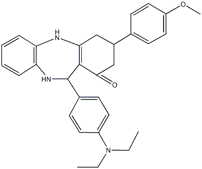 11-[4-(diethylamino)phenyl]-3-(4-methoxyphenyl)-2,3,4,5,10,11-hexahydro-1H-dibenzo[b,e][1,4]diazepin-1-one Struktur