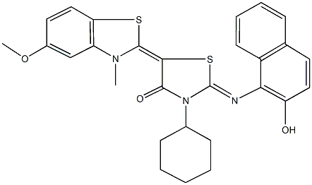 3-cyclohexyl-2-[(2-hydroxy-1-naphthyl)imino]-5-(5-methoxy-3-methyl-1,3-benzothiazol-2(3H)-ylidene)-1,3-thiazolidin-4-one Struktur