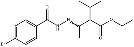 ethyl 2-[N-(4-bromobenzoyl)ethanehydrazonoyl]-3-methylbutanoate Struktur