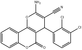 2-amino-4-(2,3-dichlorophenyl)-5-oxo-4H,5H-pyrano[3,2-c]chromene-3-carbonitrile Struktur