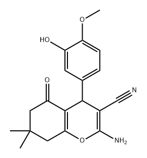 2-amino-4-(3-hydroxy-4-methoxyphenyl)-7,7-dimethyl-5-oxo-5,6,7,8-tetrahydro-4H-chromene-3-carbonitrile Struktur