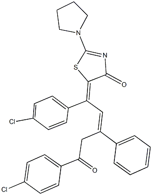 5-[1,5-bis(4-chlorophenyl)-5-oxo-3-phenyl-2-pentenylidene]-2-(1-pyrrolidinyl)-1,3-thiazol-4(5H)-one Struktur