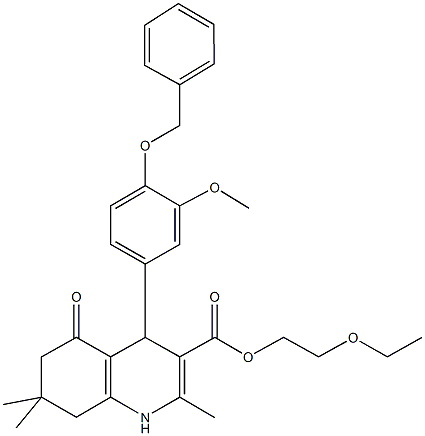 2-(ethyloxy)ethyl 2,7,7-trimethyl-4-{3-(methyloxy)-4-[(phenylmethyl)oxy]phenyl}-5-oxo-1,4,5,6,7,8-hexahydroquinoline-3-carboxylate Struktur