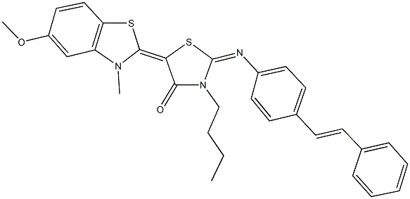 3-butyl-5-(5-methoxy-3-methyl-1,3-benzothiazol-2(3H)-ylidene)-2-{[4-(2-phenylvinyl)phenyl]imino}-1,3-thiazolidin-4-one Struktur