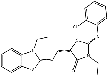 2-[(2-chlorophenyl)imino]-3-ethyl-5-[2-(3-ethyl-1,3-benzothiazol-2(3H)-ylidene)ethylidene]-1,3-thiazolidin-4-one Struktur