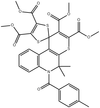 tetramethyl 5,5-dimethyl-6-(4-methylbenzoyl)-5,6-dihydrospiro(1H-thiopyrano[2,3-c]quinoline-1,2'-[1,3]-dithiole)-2,3,4',5'-tetracarboxylate Struktur