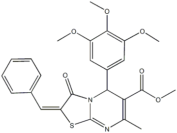 methyl 2-benzylidene-7-methyl-3-oxo-5-(3,4,5-trimethoxyphenyl)-2,3-dihydro-5H-[1,3]thiazolo[3,2-a]pyrimidine-6-carboxylate Struktur