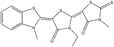 3-ethyl-3'-methyl-5-(3-methyl-1,3-benzothiazol-2(3H)-ylidene)-2'-thioxo-2,5'-bis(4-oxo-1,3-thiazolidin-2-ylidene) Struktur